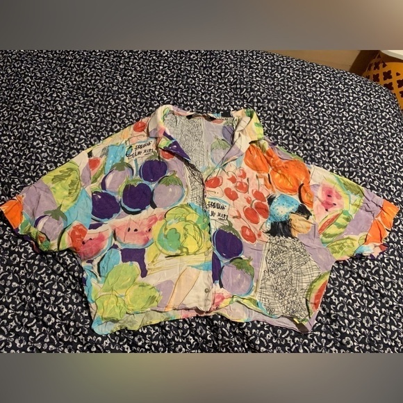 Zara Tops - Zara Abstract Fruit Girl Button Up cropped shirt size small 100% viscose